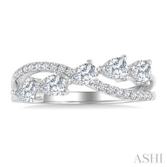 7/8 Ctw Split Criss Cross Pear and Round Cut Diamond Fashion Ring in 14K White Gold