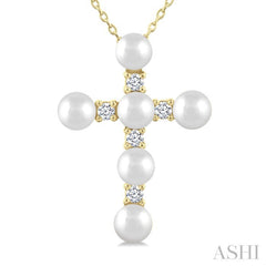 4 MM Cross Cultured Pearl and 1/6 Ctw Round Cut Diamond Fashion Pendant With Chain in 10K Yellow Gold