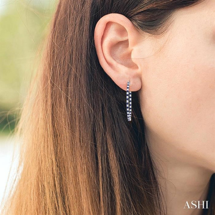 1.9 MM Round Cut Sapphire and 1 1/2 Ctw Round Cut Diamond Precious Inside-Out Alternating Hoop Earrings in 14K White Gold