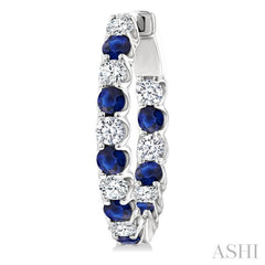 2.5 MM Sapphire and 1 Ctw Round Cut Inside-Out Diamond Precious Hoop Earrings in 14K White Gold