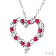 1.4 MM Round Cut Ruby and 1/8 Ctw Open Heart Round Cut Diamond Precious Fashion Pendant With Chain in 14K White Gold