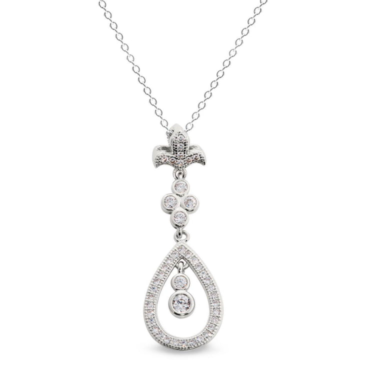 Fleur De Lis Teardrop Pendant with Simulated Diamonds
