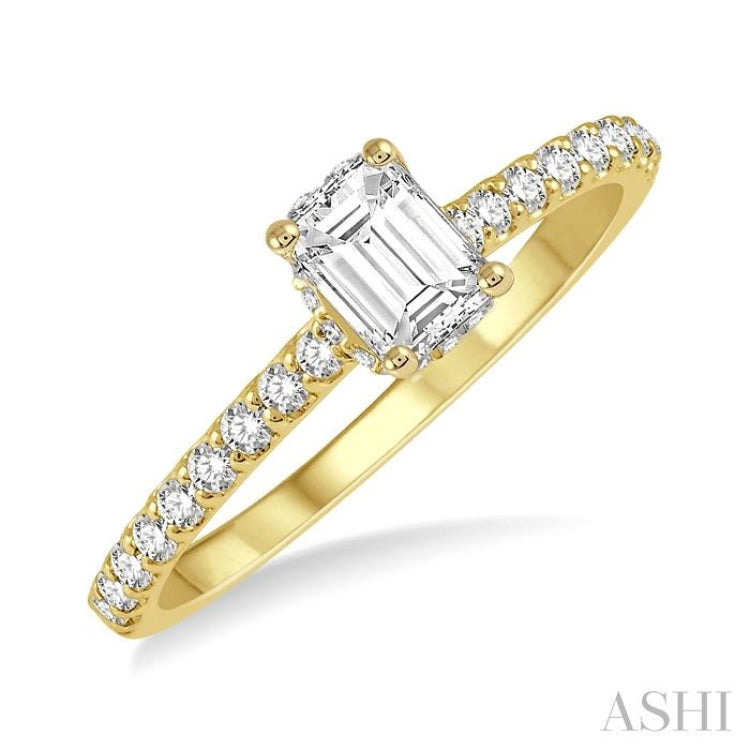 1/5 Ctw Emerald Shape Round Cut Diamond Semi-Mount Engagement Ring in 14K Yellow Gold