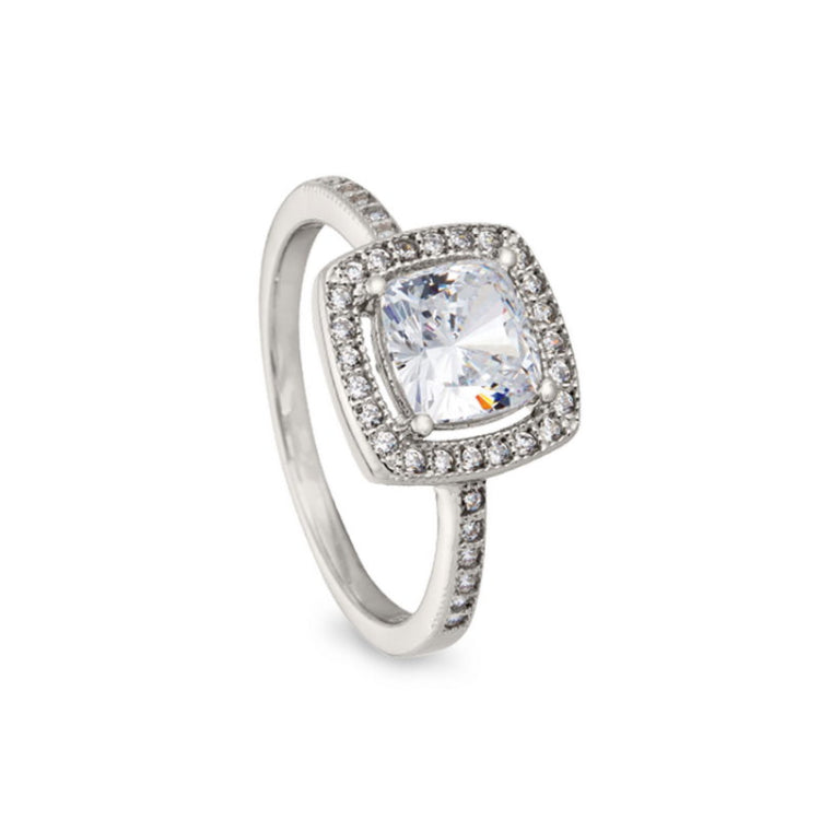 Rose gold finish sterling silver micropave cushion cut ring with 37 simulated diamonds