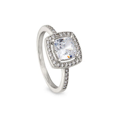 Rose gold finish sterling silver micropave cushion cut ring with 37 simulated diamonds