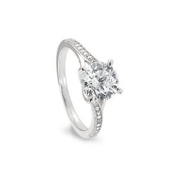 Platinum finish sterling silver micropave split band engagement ring with 100 facet simulated daimond