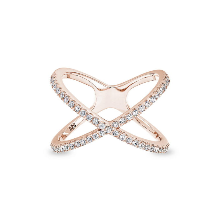 Rose gold finish sterling silver micropave criss-cross ring with simulated diamonds