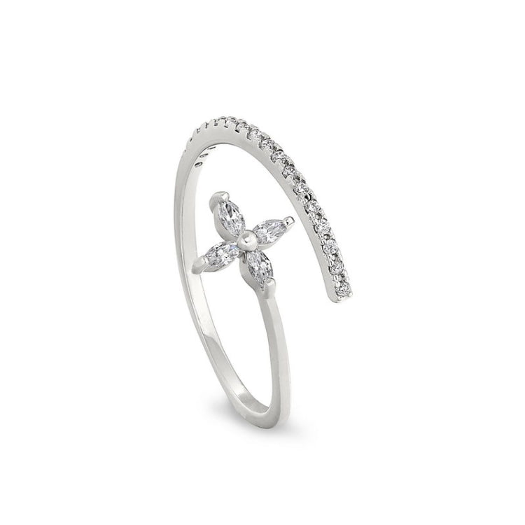 Platinum finish sterling silver micropave adjustable twist flower ring with simulated diamonds