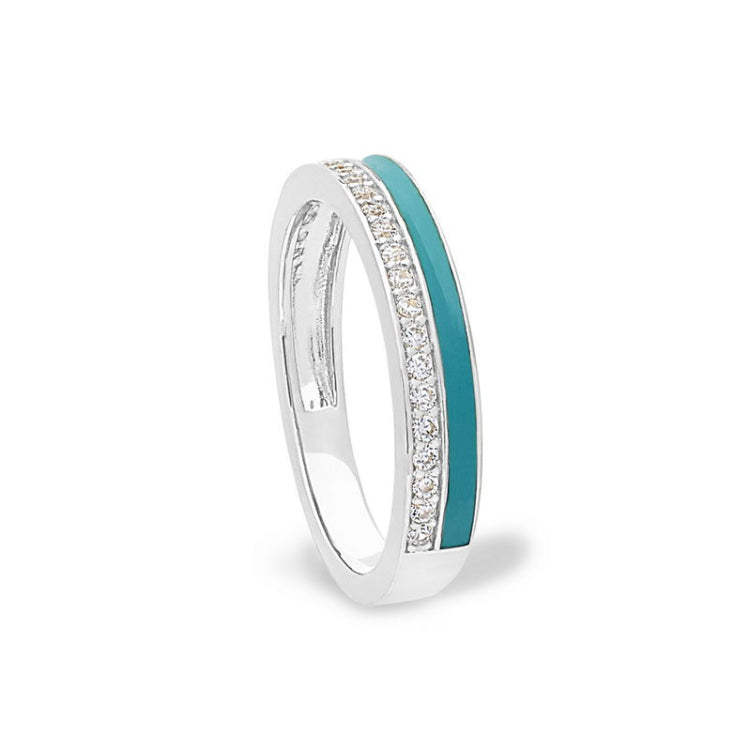 Platinum finish sterling silver micropave ring with with turquoise enamel and simulated diamondss