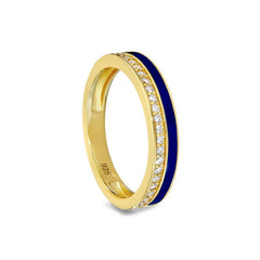Platinum Finish Sterling Silver Micropave Ring with with Navy Enamel and Simulated Diamondss