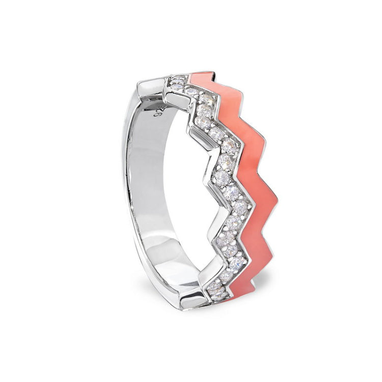 Platinum finish sterling silver micropave ring with with coral enamel and simulated diamondss