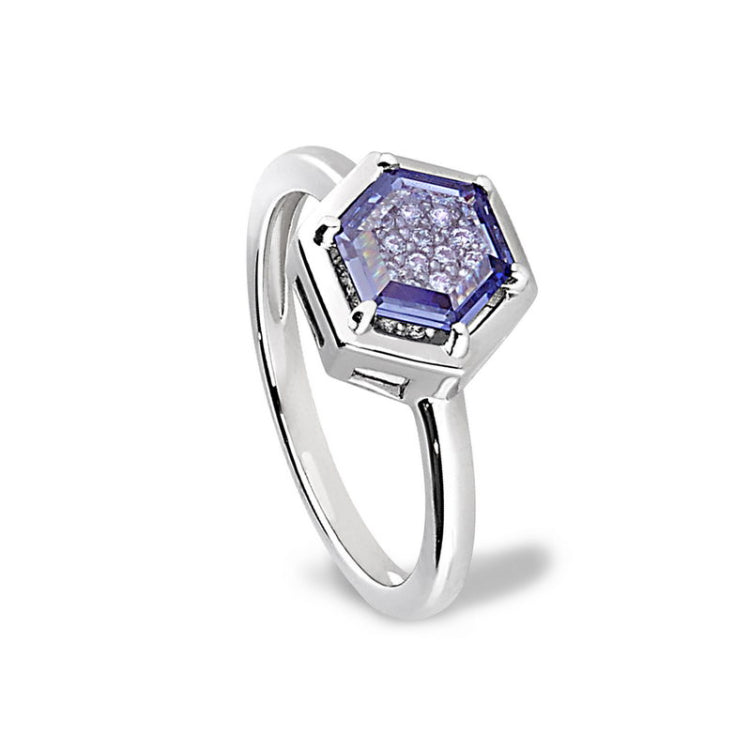 Platinum finish sterling silver flat hexagon synthetic tanzanite ring with synthetic diamonds - size 5