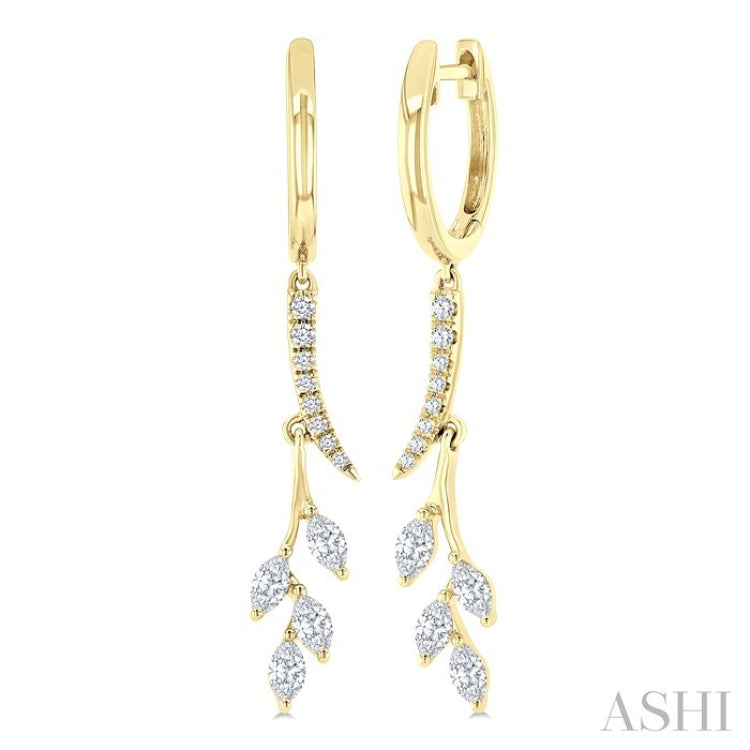 1/2 Ctw Marquise and Round Cut Diamond Leaf Dangler Hoop Earrings in 14K Yellow Gold