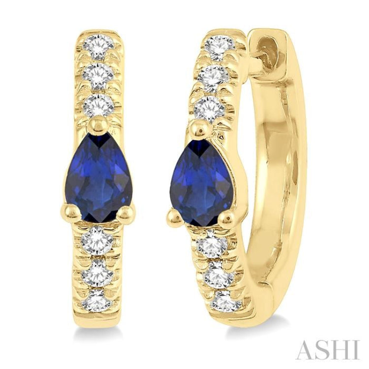 4X3 MM Pear Cut Sapphire and 1/10 Ctw Round Cut Diamond Petite Huggie Earrings in 10K Yellow Gold