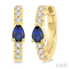 4X3 MM Pear Cut Sapphire and 1/10 Ctw Round Cut Diamond Petite Huggie Earrings in 10K Yellow Gold