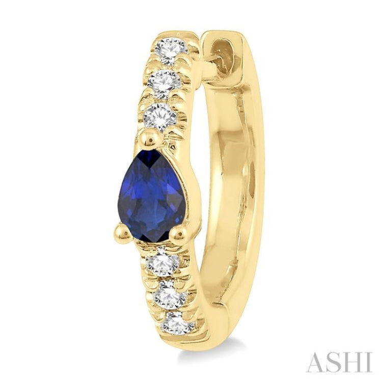 4X3 MM Pear Cut Sapphire and 1/10 Ctw Round Cut Diamond Petite Huggie Earrings in 10K Yellow Gold