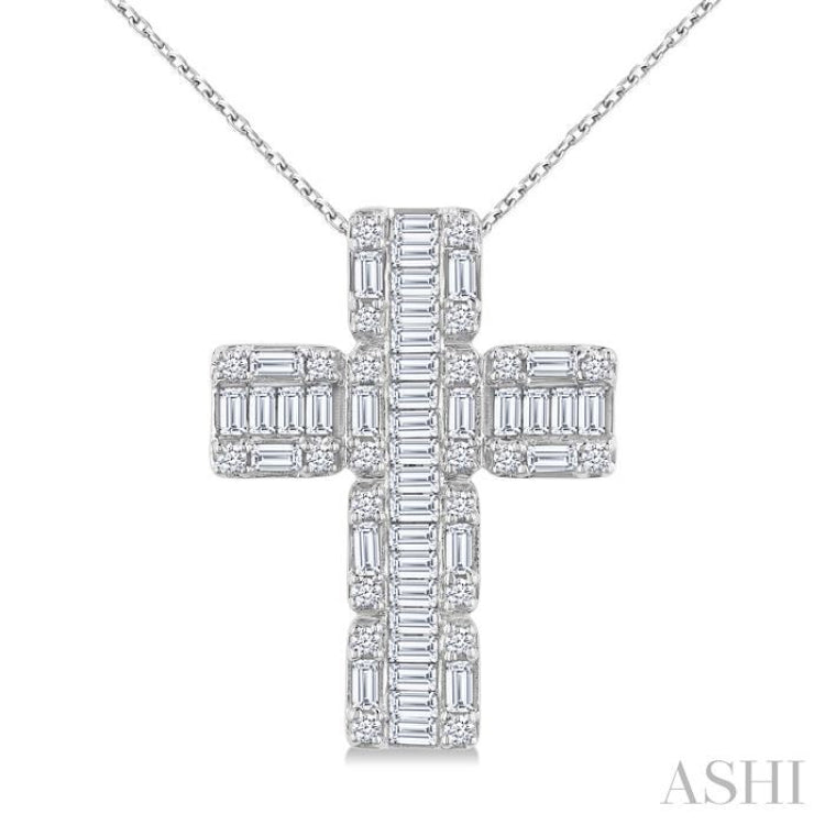 1 Ctw Fusion Baguette and Round Cut Diamond Cross Fashion Pendant With Chain in 14K White Gold