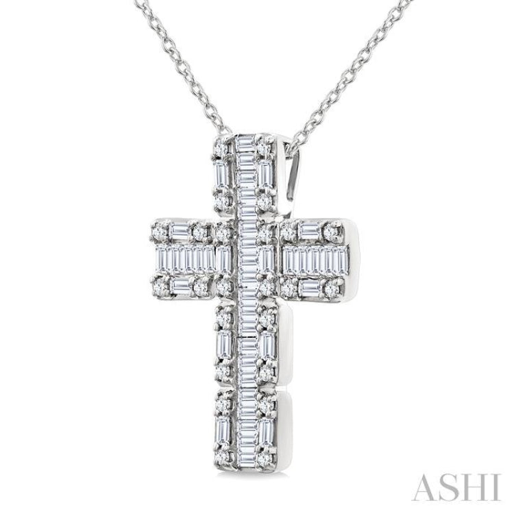 1 Ctw Fusion Baguette and Round Cut Diamond Cross Fashion Pendant With Chain in 14K White Gold