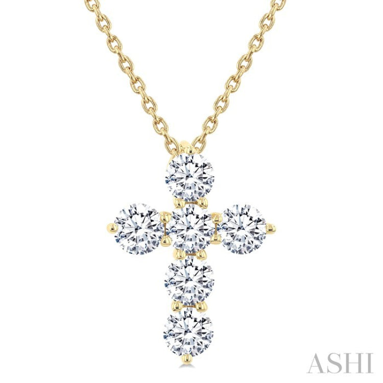 1 Ctw Round Cut Diamond Christian Cross 6-Stone Fashion Pendant With Chain in 14K Yellow Gold