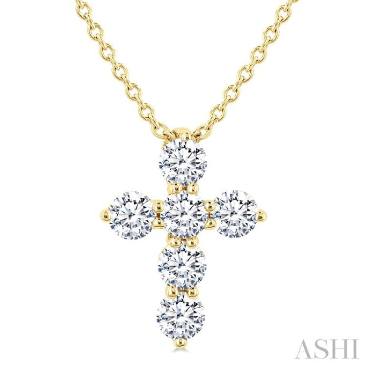 1/3 Ctw Round Cut Diamond Christian Cross 6-Stone Fashion Pendant With Chain in 14K Yellow Gold