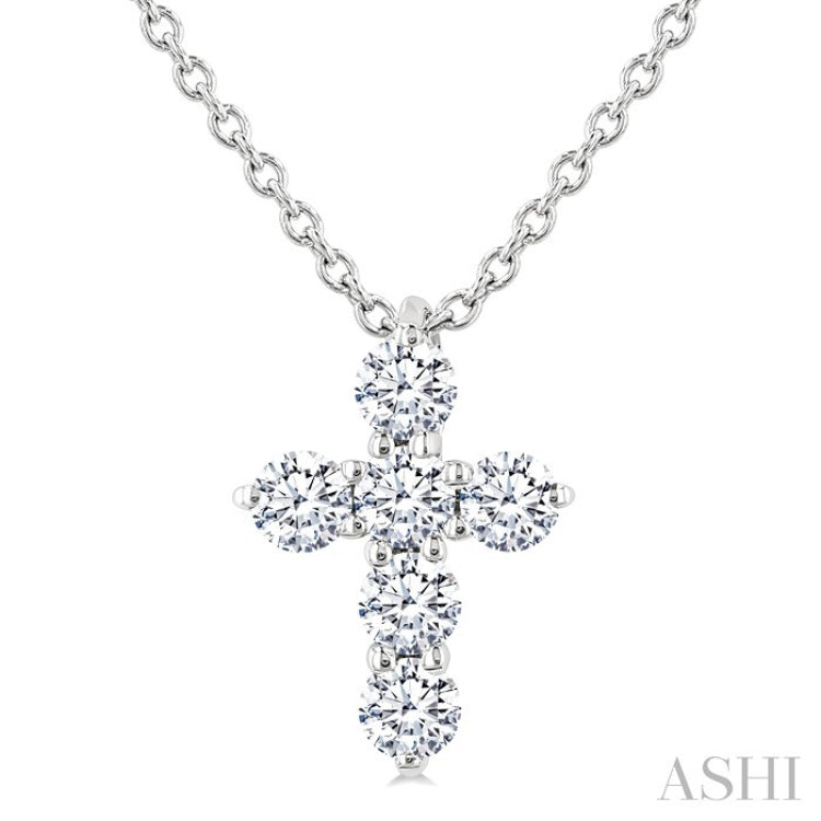 1/4 Ctw Round Cut Diamond Christian Cross 6-Stone Fashion Pendant With Chain in 14K White Gold
