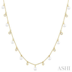 4 MM Round Shape Cultured Pearl and 1/4 Ctw Round Cut Diamond Station Necklace in 14K Yellow Gold